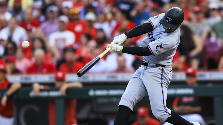 Jul 8, 2025; Cincinnati, Ohio, USA; Miami Marlins second baseman Xavier Edwards (9) hits a two-run double in the third inning against the Cincinnati Reds at Great American Ball Park. Mandatory Credit: Katie Stratman-Imagn Images Jul 8, 2025; Cincinnati, Ohio, USA; Miami Marlins second baseman Xavier Edwards (9) hits a two-run double in the third inning against the Cincinnati Reds at Great American Ball Park. Mandatory Credit: Katie Stratman-Imagn Images