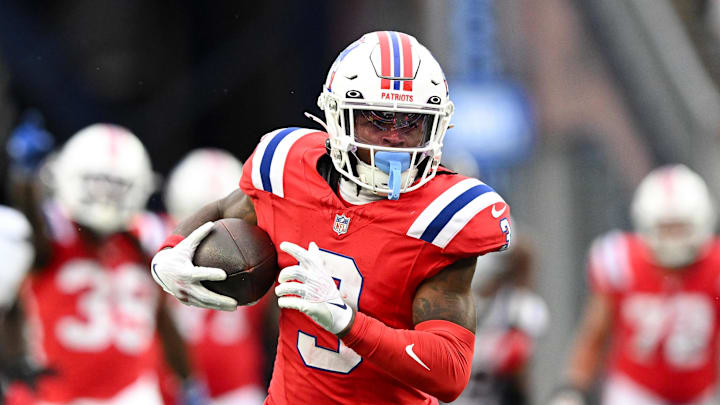 Oct 13, 2024; Foxborough, Massachusetts, USA; New England Patriots wide receiver DeMario Douglas (3) runs for a touchdown against the Houston Texans during the first half at Gillette Stadium. Mandatory Credit: Brian Fluharty-Imagn Images