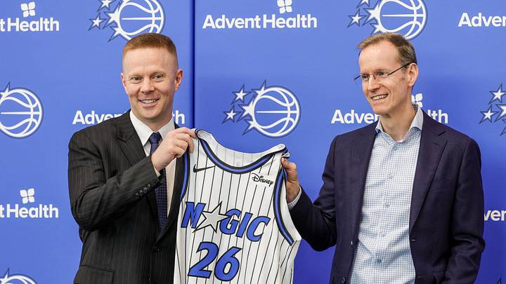 Jun 18, 2026; Orlando, FL, USA; Orlando Magic President of Basketball Operations Jeff Weltman (right) presents new head coach Sean Sweeney with a number 26 jersey before a press conference at AdventHealth Training Center. Mandatory Credit: Mike Watters-Imagn Images Jun 18, 2026; Orlando, FL, USA; Orlando Magic President of Basketball Operations Jeff Weltman (right) presents new head coach Sean Sweeney with a number 26 jersey before a press conference at AdventHealth Training Center. Mandatory Credit: Mike Watters-Imagn Images