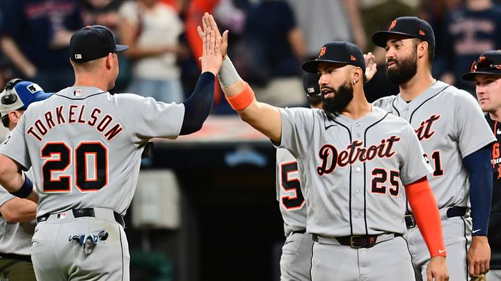 Detroit Tigers first baseman Spencer Torkelson (20) celebrates with designated hitter Gleyber Torres (25) after the Tigers beat the Cleveland Guardians. Credit: Ken Blaze-Imagn Images Detroit Tigers first baseman Spencer Torkelson (20) celebrates with designated hitter Gleyber Torres (25) after the Tigers beat the Cleveland Guardians. Credit: Ken Blaze-Imagn Images