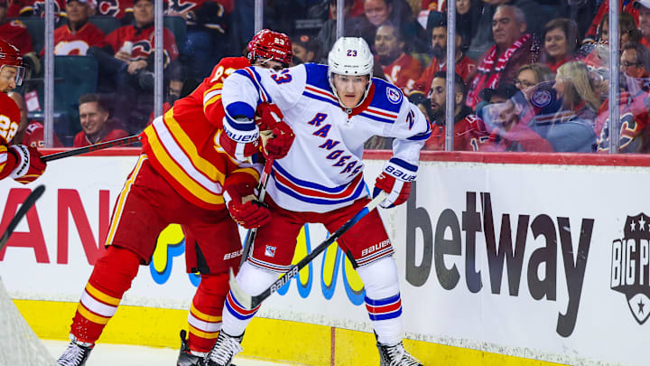Nov 6, 2021; Calgary, Alberta, CAN; New York Rangers defenseman Adam Fox (23) and Calgary Flames