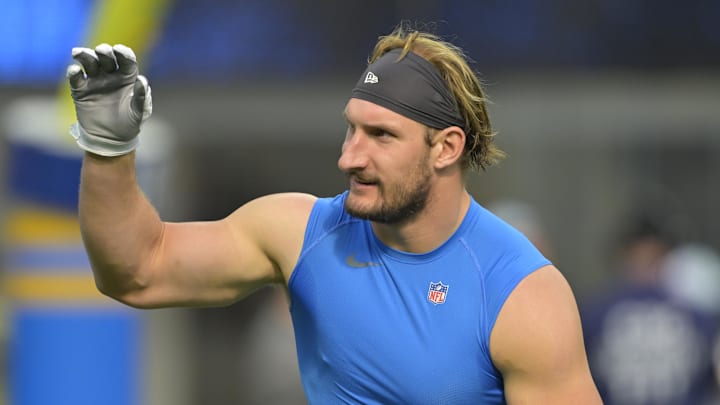Dec 15, 2024; Inglewood, California, USA;  Los Angeles Chargers linebacker Joey Bosa (97) warms up prior to the game against the Tampa Bay Buccaneers at SoFi Stadium. Mandatory Credit: Jayne Kamin-Oncea-Imagn Images