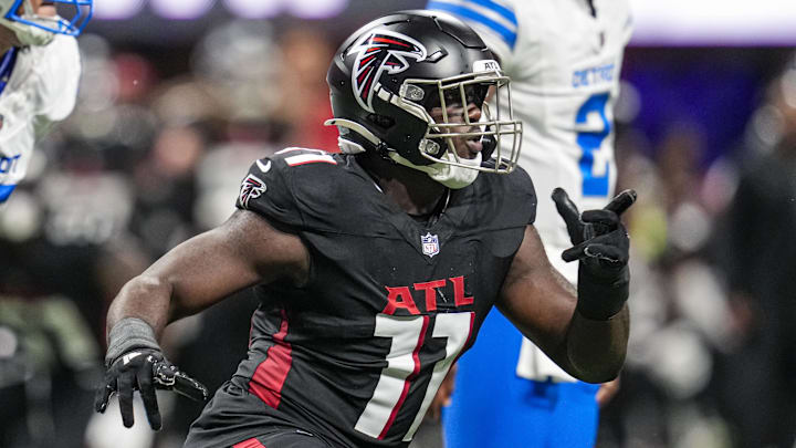 Aug 8, 2025; Atlanta, Georgia, USA; Atlanta Falcons linebacker Jalon Walker (11) in action against the Detroit Lions during the first quarter at Mercedes-Benz Stadium. Mandatory Credit: Dale Zanine-Imagn Images