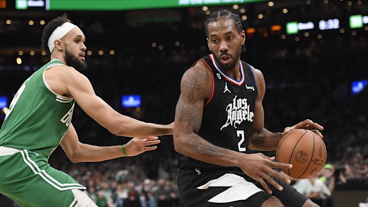 LA Clippers forward Kawhi Leonard (2) controls the ball while Boston Celtics guard Derrick White (9) defends during the first half at TD Garden. Mandatory Credit: Bob DeChiara-Imagn Images LA Clippers forward Kawhi Leonard (2) controls the ball while Boston Celtics guard Derrick White (9) defends during the first half at TD Garden. Mandatory Credit: Bob DeChiara-Imagn Images
