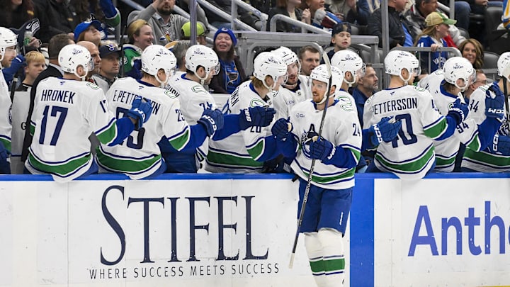 Jan 27, 2025; St. Louis, Missouri, USA; Vancouver Canucks center Pius Suter (24) is congratulated by teammates after scoring against the St. Louis Blues during the second period at Enterprise Center. Mandatory Credit: Jeff Curry-Imagn Images Jan 27, 2025; St. Louis, Missouri, USA; Vancouver Canucks center Pius Suter (24) is congratulated by teammates after scoring against the St. Louis Blues during the second period at Enterprise Center. Mandatory Credit: Jeff Curry-Imagn Images