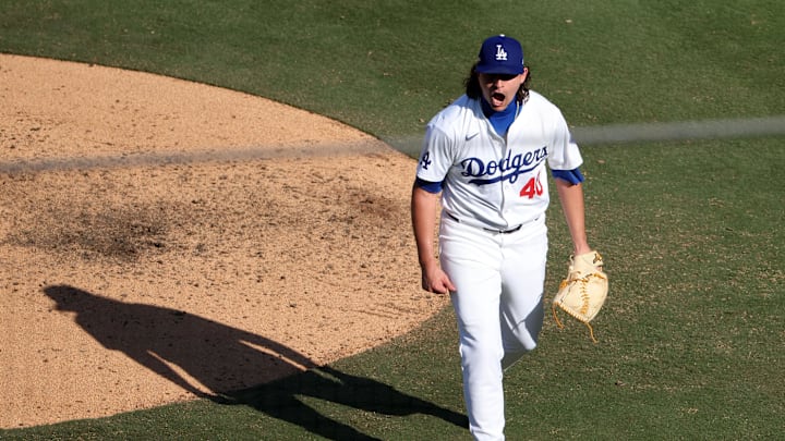Los Angeles Dodgers pitcher Brent Honeywell (40) reacts after an out against the New York Mets in the sixth inning during game two of the NLCS for the 2024 MLB Playoffs at Dodger Stadium. 