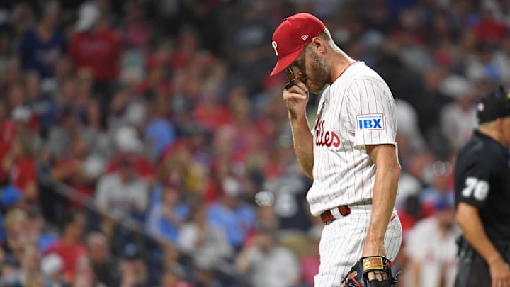 Aug 31, 2024; Philadelphia, Pennsylvania, USA; Philadelphia Phillies pitcher Zack Wheeler (45) walks off the field after the fifth against the Atlanta Braves at Citizens Bank Park. Aug 31, 2024; Philadelphia, Pennsylvania, USA; Philadelphia Phillies pitcher Zack Wheeler (45) walks off the field after the fifth against the Atlanta Braves at Citizens Bank Park.