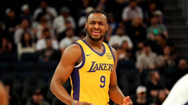 Jul 6, 2024; San Francisco, CA, USA; Los Angeles Lakers guard Bronny James Jr. (9) reacts after being called for a foul against the Sacramento Kings during the second quarter at Chase Center. Mandatory Credit: Kelley L Cox-USA TODAY Sports