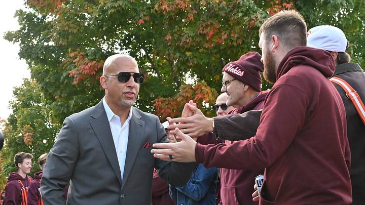 Oct 17, 2026; Blacksburg, Virginia, USA;  Virginia Tech Hokies head coach James Franklin greets fans before the game against the Georgia Tech Yellow Jackets at Lane Stadium.  Mandatory Credit: Brian Bishop-Imagn Images