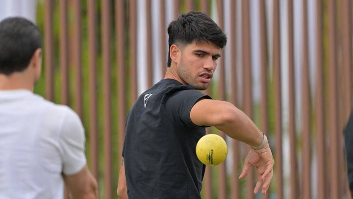 Mar 6, 2026; Indian Wells, CA, USA; Carlos Alcaraz (ESP) warms up before hitting on the practice courts for the BNP Paribas Open at the Indian Wells Tennis Garden. Mandatory Credit: Jayne Kamin-Oncea-Imagn Images Mar 6, 2026; Indian Wells, CA, USA; Carlos Alcaraz (ESP) warms up before hitting on the practice courts for the BNP Paribas Open at the Indian Wells Tennis Garden. Mandatory Credit: Jayne Kamin-Oncea-Imagn Images