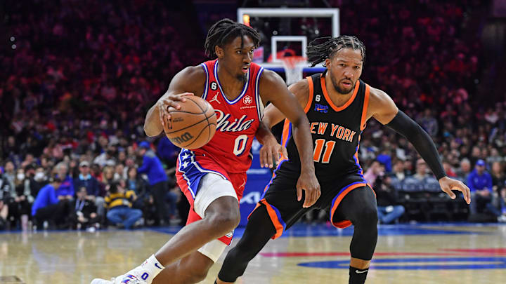 Feb 10, 2023; Philadelphia, Pennsylvania, USA; Philadelphia 76ers guard Tyrese Maxey (0) drives to