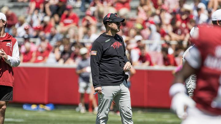 Apr 25, 2026; Fayetteville, AR, USA; Arkansas Razorbacks head coach Ryan Silverfield looks on during the spring game at Donald W. Reynolds Razorback Stadium. Mandatory Credit: Brett Rojo-Imagn Images Apr 25, 2026; Fayetteville, AR, USA; Arkansas Razorbacks head coach Ryan Silverfield looks on during the spring game at Donald W. Reynolds Razorback Stadium. Mandatory Credit: Brett Rojo-Imagn Images