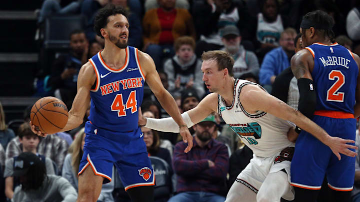 New York Knicks guard Landry Shamet handles the ball as Memphis Grizzlies guard Luke Kennard defends. New York Knicks guard Landry Shamet handles the ball as Memphis Grizzlies guard Luke Kennard defends.