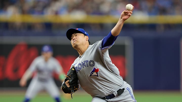 Toronto Blue Jays starting pitcher Hyun Jin Ryu (99) throws a pitch against the Tampa Bay Rays in the third inning at Tropicana Field in 2023.