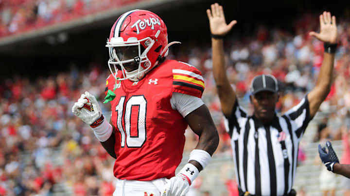 Sep 21, 2024; College Park, Maryland, USA; Maryland Terrapins wide receiver Tai Felton (10) celebrates after scoring a touchdown against the Villanova Wildcats during the third quarter at SECU Stadium. Mandatory Credit: Daniel Kucin Jr.-Imagn Images
