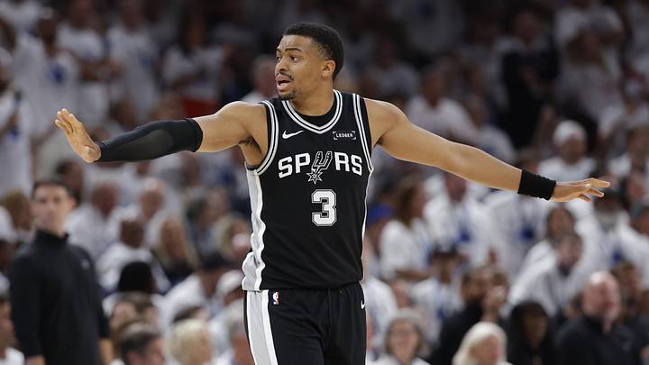 May 26, 2026; Oklahoma City, Oklahoma, USA; San Antonio Spurs forward Keldon Johnson (3) reacts after a play during the third quarter against the Oklahoma City Thunder in game five of the western conference finals for the 2026 NBA playoffs at Paycom Center. Mandatory Credit: Alonzo Adams-Imagn Images May 26, 2026; Oklahoma City, Oklahoma, USA; San Antonio Spurs forward Keldon Johnson (3) reacts after a play during the third quarter against the Oklahoma City Thunder in game five of the western conference finals for the 2026 NBA playoffs at Paycom Center. Mandatory Credit: Alonzo Adams-Imagn Images