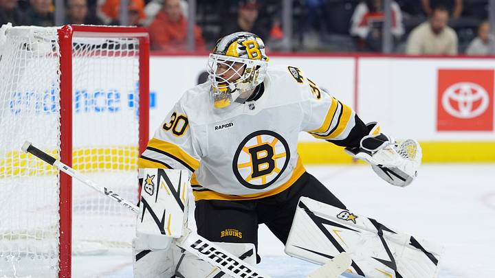 Sep 24, 2026; Philadelphia, Pennsylvania, USA; Boston Bruins goaltender Michael DiPietro (30) in action against the Philadelphia Flyers in the second period at Xfinity Mobile Arena. Mandatory Credit: Kyle Ross-Imagn Images