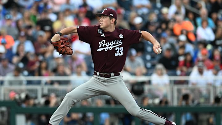 Texas A&M Aggies starting pitcher Justin Lamkin (33) throws against the Florida Gators during the first inning at Charles Schwab Field Omaha.