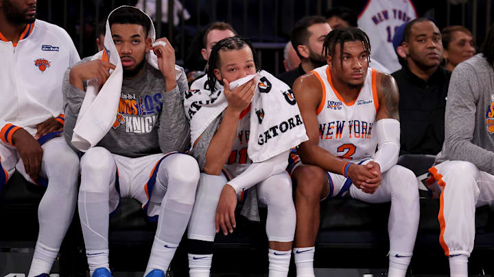 Jan 10, 2025; New York, New York, USA; New York Knicks center Karl-Anthony Towns (32) and guards Jalen Brunson (11) and Miles McBride (2) watch from the bench during the fourth quarter against the Oklahoma City Thunder at Madison Square Garden. Mandatory Credit: Brad Penner-Imagn Images Jan 10, 2025; New York, New York, USA; New York Knicks center Karl-Anthony Towns (32) and guards Jalen Brunson (11) and Miles McBride (2) watch from the bench during the fourth quarter against the Oklahoma City Thunder at Madison Square Garden. Mandatory Credit: Brad Penner-Imagn Images