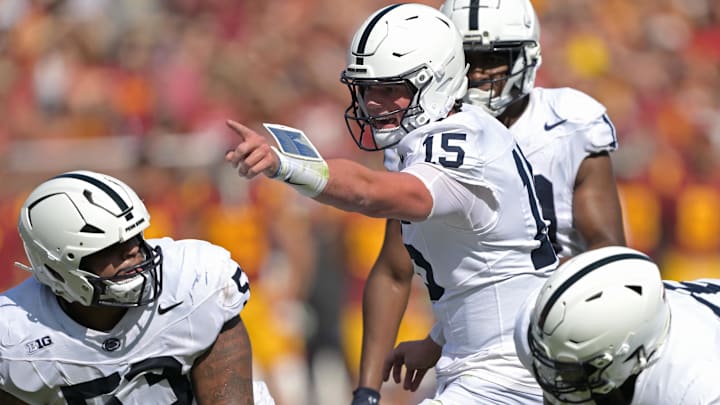Penn State quarterback Drew Allar calls a play in the second half against the USC Trojans at Los Angeles Memorial Coliseum. Penn State quarterback Drew Allar calls a play in the second half against the USC Trojans at Los Angeles Memorial Coliseum.