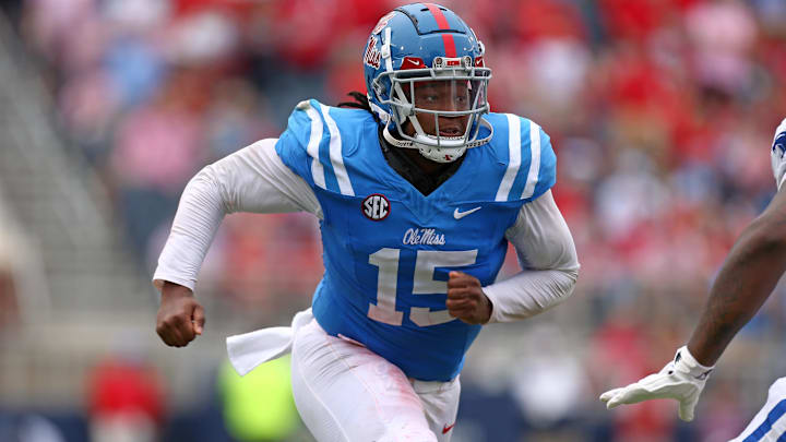 Sep 28, 2024; Oxford, Mississippi, USA; Mississippi Rebels defensive linemen Jared Ivey (15) rushes during the second half against the Kentucky Wildcats at Vaught-Hemingway Stadium. Mandatory Credit: Petre Thomas-Imagn Images