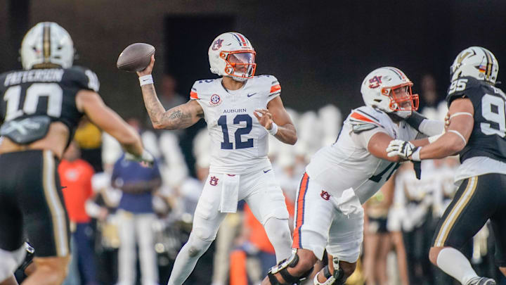 Auburn quarterback Ashton Daniels (12) passes during the second quarter against Vanderbilt at FirstBank Stadium in Nashville, Tenn., Saturday, Nov. 8, 2025. Auburn quarterback Ashton Daniels (12) passes during the second quarter against Vanderbilt at FirstBank Stadium in Nashville, Tenn., Saturday, Nov. 8, 2025.
