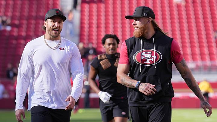 Oct 19, 2025; Santa Clara, California, USA; San Francisco 49ers fullback Kyle Juszczyk (44) and San Francisco 49ers tight end George Kittle (85) talk prior to the game against the Atlanta Falcons at Levi's Stadium. Mandatory Credit: Darren Yamashita-Imagn Images Oct 19, 2025; Santa Clara, California, USA; San Francisco 49ers fullback Kyle Juszczyk (44) and San Francisco 49ers tight end George Kittle (85) talk prior to the game against the Atlanta Falcons at Levi's Stadium. Mandatory Credit: Darren Yamashita-Imagn Images