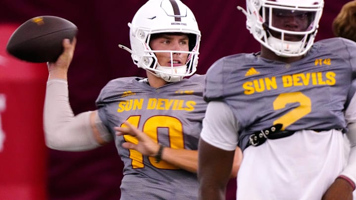 Arizona State quarterback Sam Leavitt (10) throws a pass during a practice at the Verde Dickey Dome in Tempe on Aug. 19, 2025.