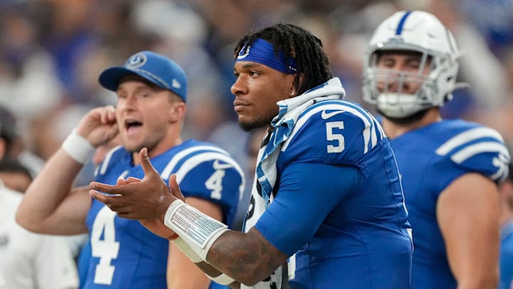 Indianapolis Colts quarterback Anthony Richardson (5) watches the action on the field from the sideline Sunday, Sept. 29, 2024, during a game against the Pittsburgh Steelers at Lucas Oil Stadium in Indianapolis.