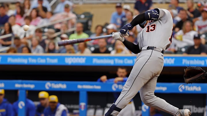 Aug 15, 2025; Minneapolis, Minnesota, USA; Detroit Tigers catcher Dillon Dingler (13) hits a two-run single against the Minnesota Twins in the first inning at Target Field. Mandatory Credit: Bruce Kluckhohn-Imagn Images Aug 15, 2025; Minneapolis, Minnesota, USA; Detroit Tigers catcher Dillon Dingler (13) hits a two-run single against the Minnesota Twins in the first inning at Target Field. Mandatory Credit: Bruce Kluckhohn-Imagn Images