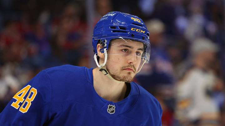 May 8, 2026; Buffalo, New York, USA; Buffalo Sabres center Tyson Kozak (48) on the ice at the start of the third period against the Montréal Canadiens in game two of the second round of the 2026 Stanley Cup Playoffs at KeyBank Center. Mandatory Credit: Timothy T. Ludwig-Imagn Images