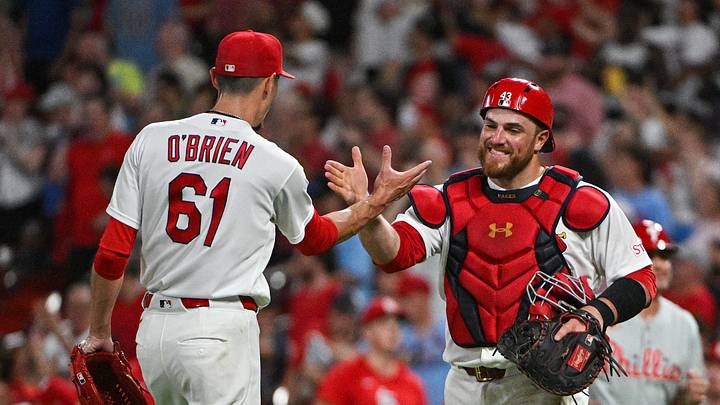 Aug 11, 2026; St. Louis, Missouri, USA; St. Louis Cardinals pitcher Riley O'Brien (61) celebrates with catcher Pedro Pages (43) after the Cardinals defeated the Philadelphia Phillies at Busch Stadium. Mandatory Credit: Jeff Curry-Imagn Images Aug 11, 2026; St. Louis, Missouri, USA; St. Louis Cardinals pitcher Riley O'Brien (61) celebrates with catcher Pedro Pages (43) after the Cardinals defeated the Philadelphia Phillies at Busch Stadium. Mandatory Credit: Jeff Curry-Imagn Images