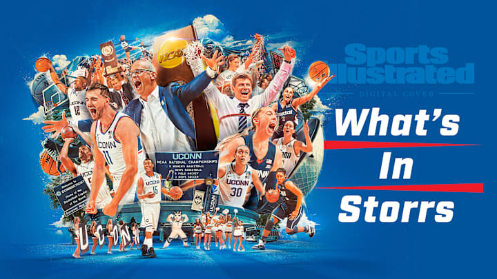 Photo illustration by The Sporting Press with the photo credits as Manny Millan (Okafor, Taurasi); David E. Klutho (Hamilton, Stewart); John Biever (Calhoun, Moore); Bob Rosato (Walker); Robert Beck (Brid); Al Tielemans (Team Celebration); Jamie Squire/Getty Images (Hurley, Cheerleaders); Elsa/Getty Images (Auriemma, Cheerleanders); Jonathan Daniel/Getty Images (Lobo); Brian Murphy/Icon Sportswire/Getty Images (Bueckers); Roy Rochlin/Getty Images for Empire State Realty Trust (Husky); 