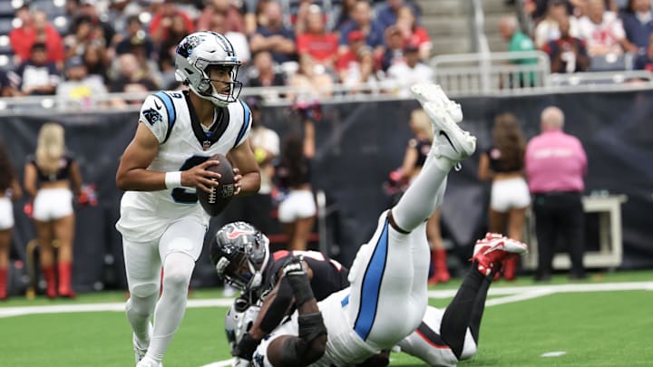 Aug 16, 2025; Houston, Texas, USA; Carolina Panthers quarterback Bryce Young (9) scrambles against the Houston Texans in the first quarter at NRG Stadium. Mandatory Credit: Thomas Shea-Imagn Images Aug 16, 2025; Houston, Texas, USA; Carolina Panthers quarterback Bryce Young (9) scrambles against the Houston Texans in the first quarter at NRG Stadium. Mandatory Credit: Thomas Shea-Imagn Images