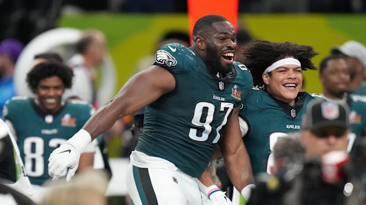 Feb 9, 2025; New Orleans, LA, USA; Philadelphia Eagles defensive tackle Moro Ojomo (97) reacts after defeating the Kansas City Chiefs in Super Bowl LIX at Caesars Superdome. Mandatory Credit: Kirby Lee-Imagn Images Feb 9, 2025; New Orleans, LA, USA; Philadelphia Eagles defensive tackle Moro Ojomo (97) reacts after defeating the Kansas City Chiefs in Super Bowl LIX at Caesars Superdome. Mandatory Credit: Kirby Lee-Imagn Images