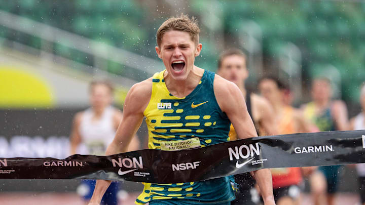 Nike Elite’s Cooper Lutkenhaus wins the boys 800 meters on the third day of the Nike Outdoor Nationals on June 21, 2025, at Hayward Field in Eugene. Back in Eugene on Aug. 3, he set a U18 world record.