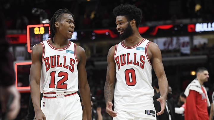 Jan 30, 2022; Chicago, Illinois, USA; Chicago Bulls guard Ayo Dosunmu (12) and Chicago Bulls guard Coby White (0) after the game against the Portland Trail Blazers at the United Center. Mandatory Credit: Matt Marton-Imagn Images
