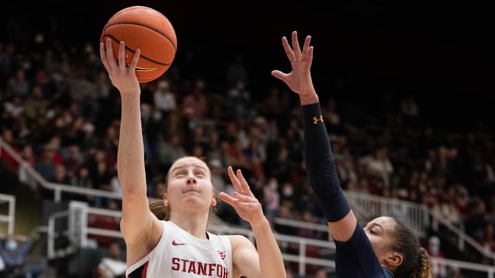 December 23, 2022; Stanford, California, USA; Stanford Cardinal guard Elena Bosgana (20) during the third quarter against the California Golden Bears at Maples Pavilion. Mandatory Credit: Kyle Terada-Imagn Images