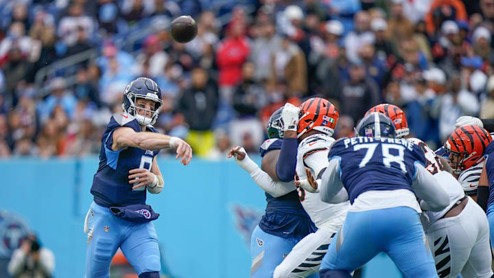Tennessee Titans quarterback Will Levis (8) throws for a first down during the second quarter at Nissan Stadium in Nashville, Tenn., Sunday, Dec. 15, 2024.