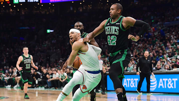May 14, 2025; Boston, Massachusetts, USA; New York Knicks guard Josh Hart (3) loses his balance while Boston Celtics center Al Horford (42) defends in the first half during game five of the second round for the 2025 NBA Playoffs at TD Garden. Mandatory Credit: Bob DeChiara-Imagn Images May 14, 2025; Boston, Massachusetts, USA; New York Knicks guard Josh Hart (3) loses his balance while Boston Celtics center Al Horford (42) defends in the first half during game five of the second round for the 2025 NBA Playoffs at TD Garden. Mandatory Credit: Bob DeChiara-Imagn Images