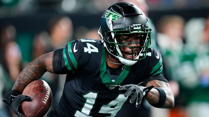 New York Jets wide receiver Malachi Corley (14) is shown as he prepares for the game, Thursday, October 31, 2024, in East Rutherford.