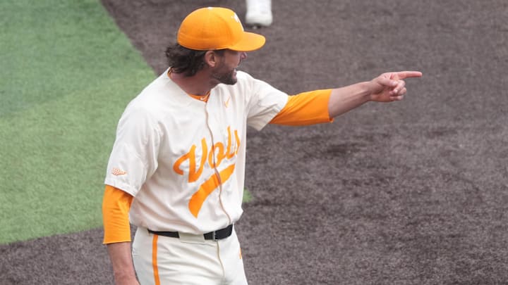 Tennessee baseball coach Tony Vitello yell at the umpires before being ejected during an NCAA baseball game between Tennessee and Auburn on May 4, 2025, in Knoxville, Tenn. Tennessee baseball coach Tony Vitello yell at the umpires before being ejected during an NCAA baseball game between Tennessee and Auburn on May 4, 2025, in Knoxville, Tenn.