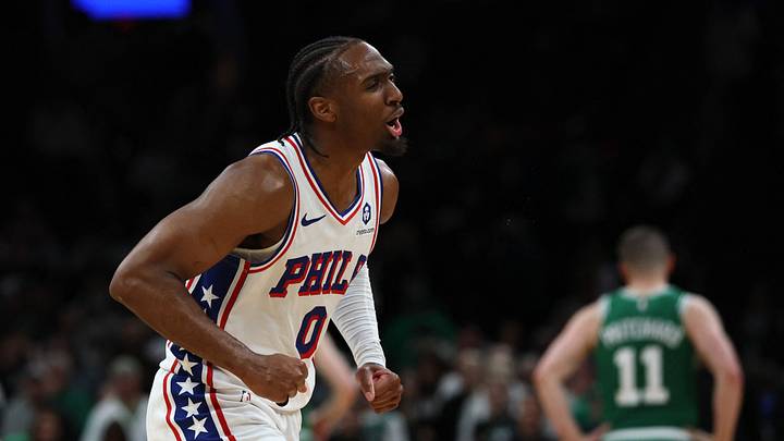 May 2, 2026; Boston, Massachusetts, USA; Philadelphia 76ers guard Tyrese Maxey (0) celebrates during the final moments of their win over the Boston Celtics in game seven of the first round of the 2026 NBA Playoffs at TD Garden. Mandatory Credit: Winslow Townson-Imagn Images May 2, 2026; Boston, Massachusetts, USA; Philadelphia 76ers guard Tyrese Maxey (0) celebrates during the final moments of their win over the Boston Celtics in game seven of the first round of the 2026 NBA Playoffs at TD Garden. Mandatory Credit: Winslow Townson-Imagn Images