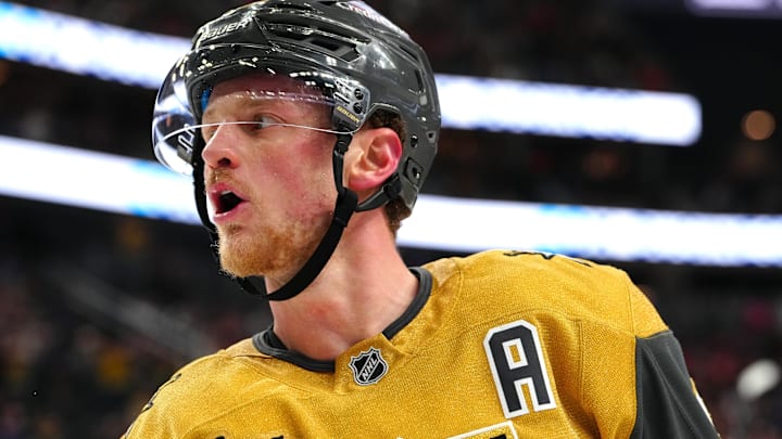 Mar 8, 2026; Las Vegas, Nevada, USA; Vegas Golden Knights center Jack Eichel (9) celebrates after scoring a goal against the Edmonton Oilers during the third period at T-Mobile Arena. Mandatory Credit: Stephen R. Sylvanie-Imagn Images Mar 8, 2026; Las Vegas, Nevada, USA; Vegas Golden Knights center Jack Eichel (9) celebrates after scoring a goal against the Edmonton Oilers during the third period at T-Mobile Arena. Mandatory Credit: Stephen R. Sylvanie-Imagn Images