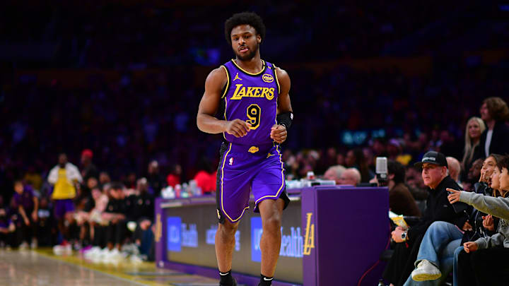 Jan 3, 2025; Los Angeles, California, USA; Los Angeles Lakers guard Bronny James (9) in action against the Atlanta Hawks during the second half at Crypto.com Arena. Mandatory Credit: Gary A. Vasquez-Imagn Images