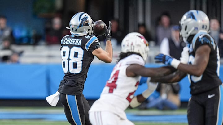 Dec 22, 2024; Charlotte, North Carolina, USA; Carolina Panthers wide receiver Dan Chisena (88) makes a catch against the Arizona Cardinals during the second half at Bank of America Stadium. Mandatory Credit: Jim Dedmon-Imagn Images