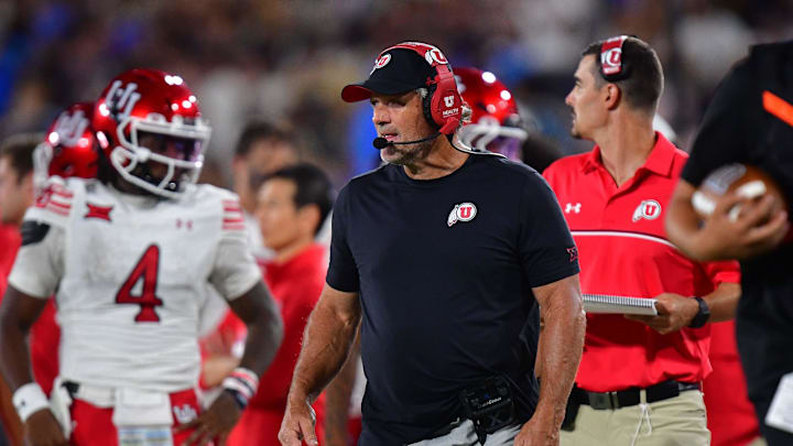 Utah Utes head coach Kyle Whittingham watches game action against the UCLA Bruins during the first half at Rose Bowl.