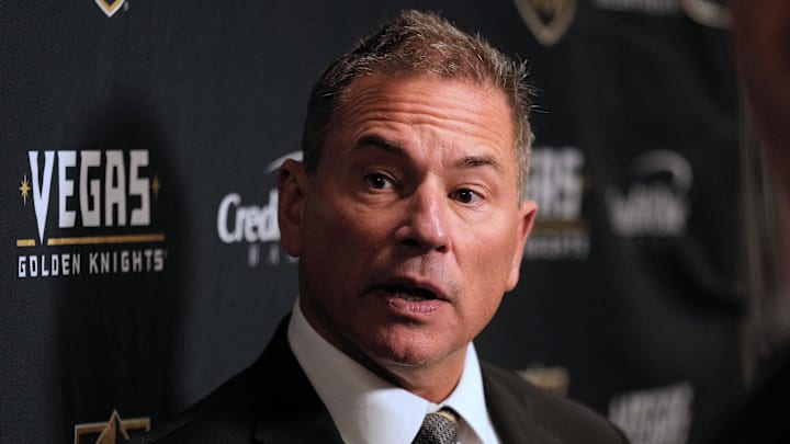Nov 20, 2024; Toronto, Ontario, CAN; Vegas Golden Knights head coach Bruce Cassidy during a post game media conference after a loss to the Toronto Maple Leafs at Scotiabank Arena. Mandatory Credit: John E. Sokolowski-Imagn Images