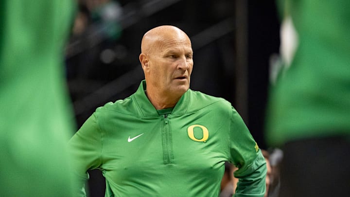 Oregon head coach Kelly Graves looks on as the Oregon Ducks host the Western Oregon Wolves in an exhibition game at Matthew Knight Arena in Eugene on Oct. 30, 2025.