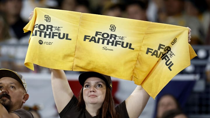 Oct 9, 2024; San Diego, California, USA; A fan of the San Diego Padres after the Los Angeles Dodgers won game four of the NLDS for the 2024 MLB Playoffs at Petco Park. Mandatory Credit: David Frerker-Imagn Images Oct 9, 2024; San Diego, California, USA; A fan of the San Diego Padres after the Los Angeles Dodgers won game four of the NLDS for the 2024 MLB Playoffs at Petco Park. Mandatory Credit: David Frerker-Imagn Images